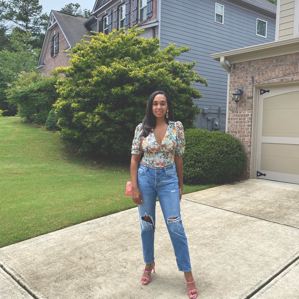 Floral, silk puff sleave, Zara top